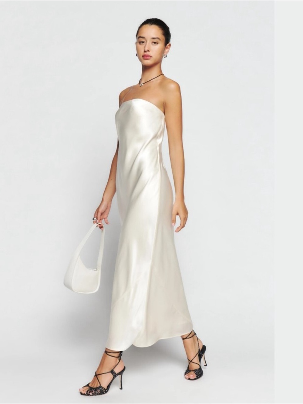 Reformation Strapless Satin Dress in Ivory